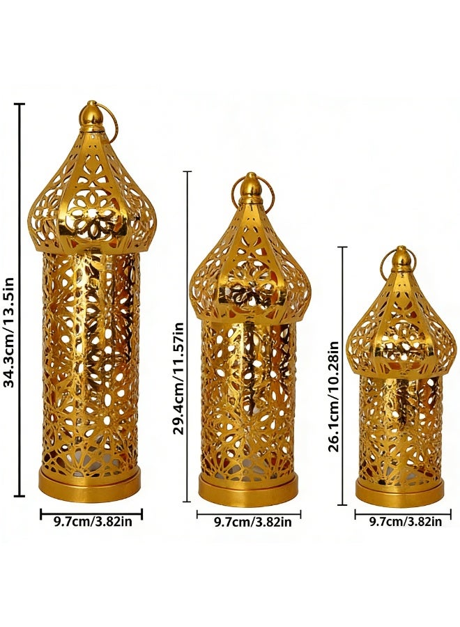 Moroccan Lanterns, Set of 3 Geometric Cutout Decorative LED Lights, Gold Metal Hanging Lanterns for Indoor Outdoor Home Decor, Table Centerpieces, Ramadan, Eid, Wedding Decorations, YB22-ZH1 - Image 2